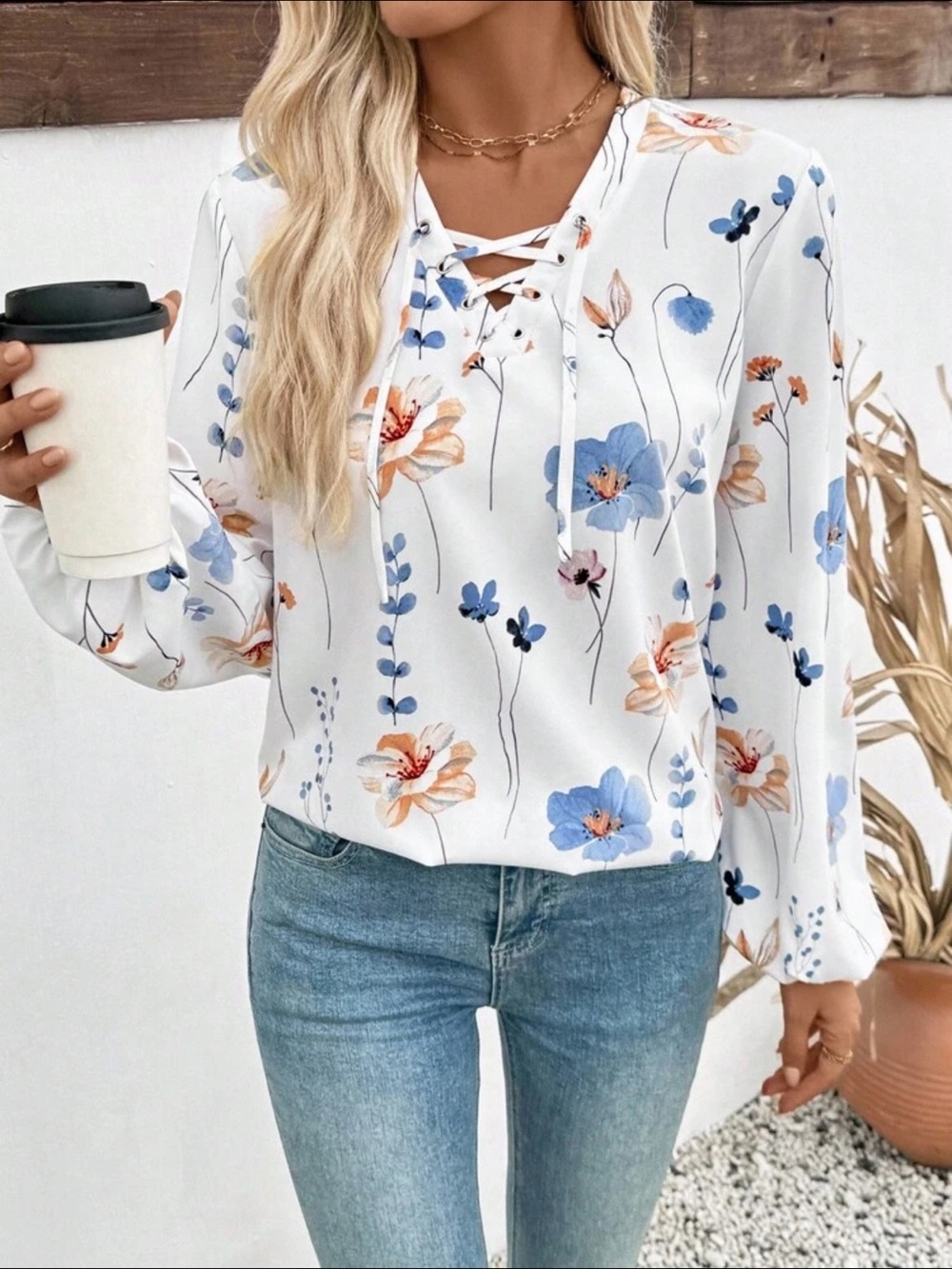 White 🔥 Lace-Up Floral Blouse - Blue & Peach Print